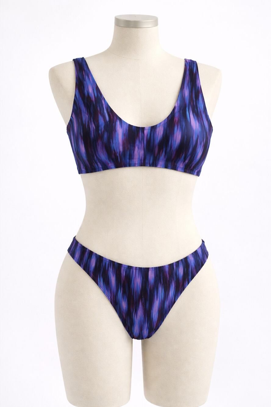 JMP The Label Abstract Purple Blue Bikini Set Scoop Neck High Cut Bottom XXL NWT